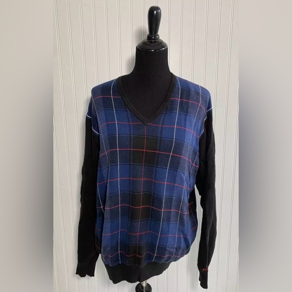 Polo Golf Ralph Lauren V Neck Sweater Size Large 100% Cotton Black Blue Preppy - Picture 1 of 14